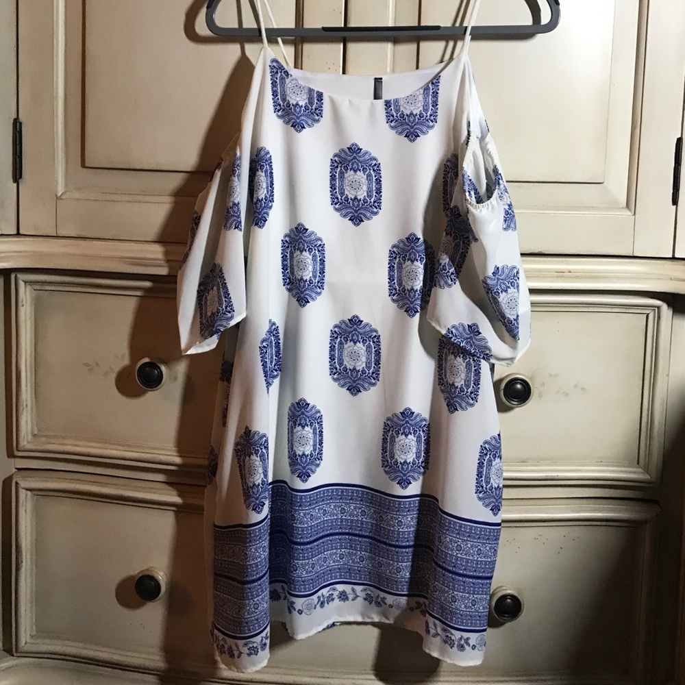 New Open Shoulder White & Blue Dress